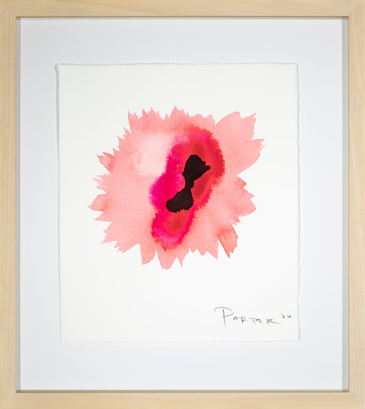 Vibrant pink and black floral abstract art with mixed media on paper