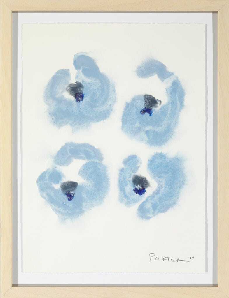 Blue and white floral ink abstract painting on paper