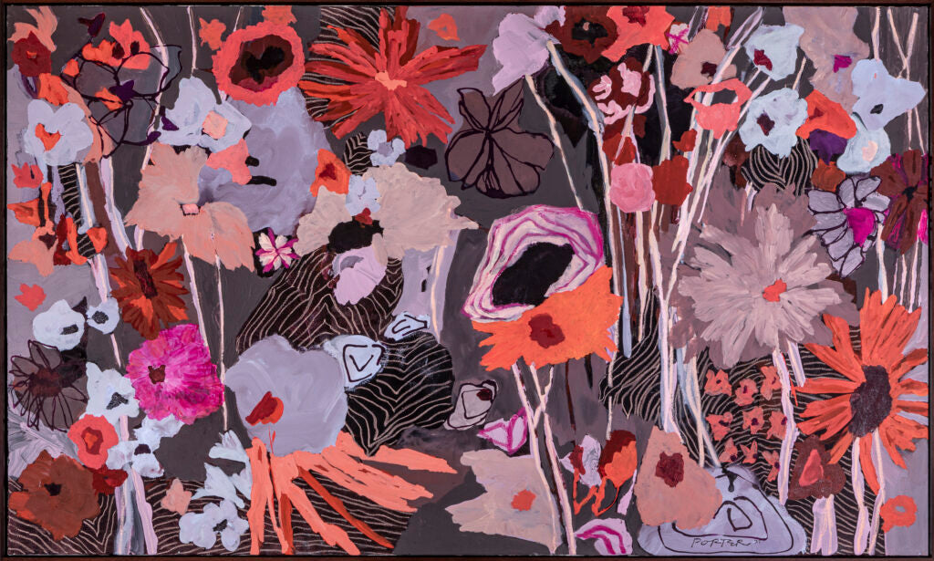 Bright colorful abstract floral painting acrylic and oil paint on canvas