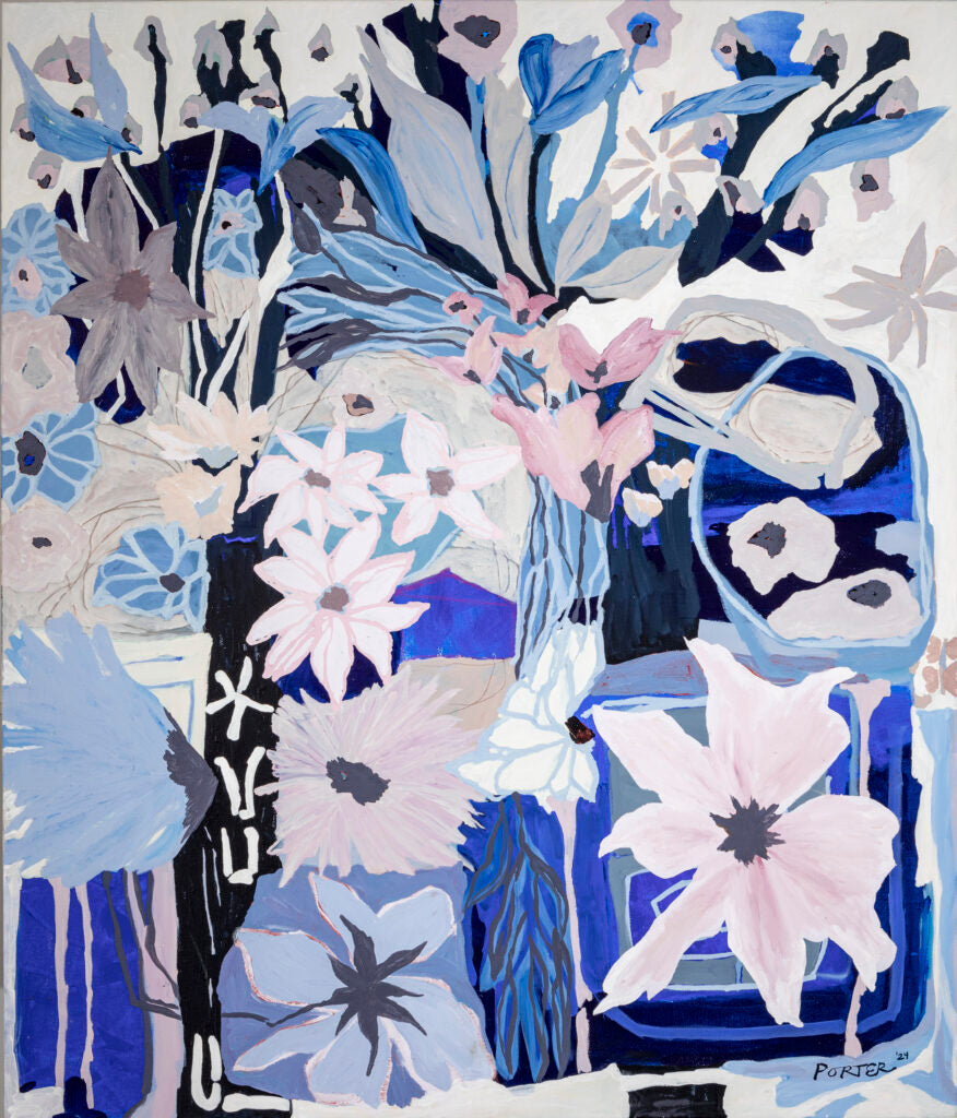 Abstract blue purple and white floral botanical acrylic painting on canvas