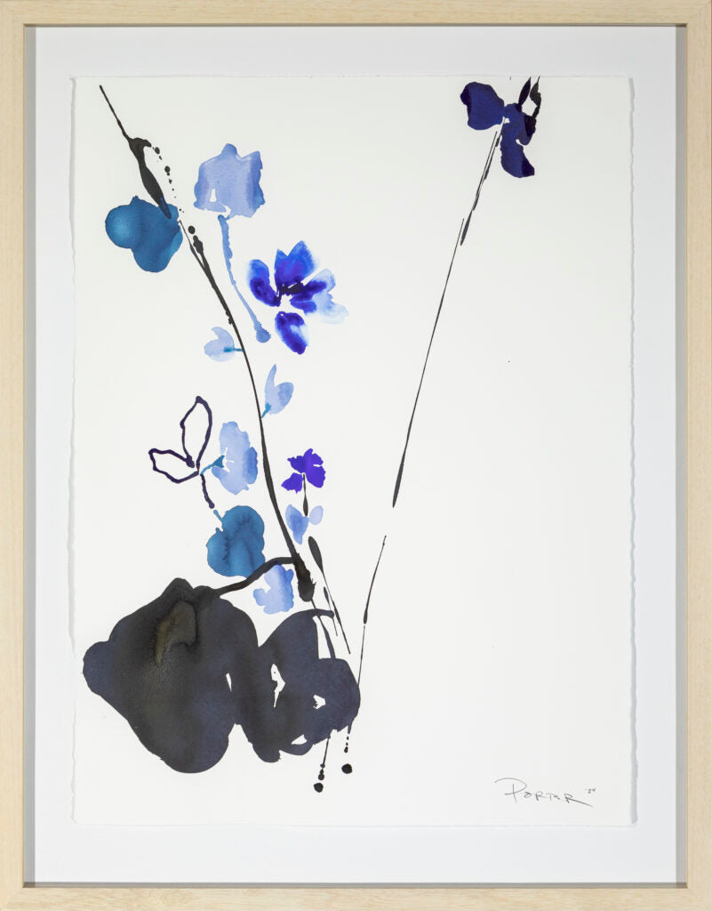 Blue black and white abstract floral ink art on paper
