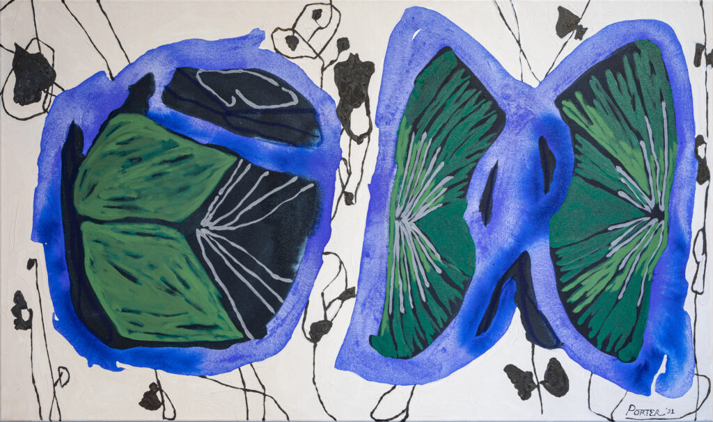 Abstract artwork with blue and green botanical floral shapes on canvas