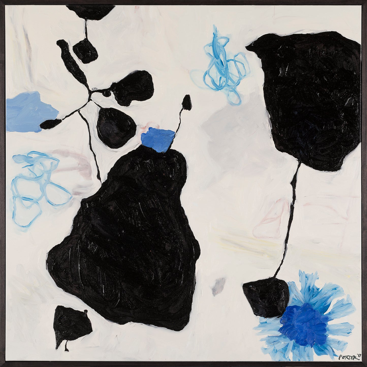 Abstract artwork with black and blue shapes on a light background