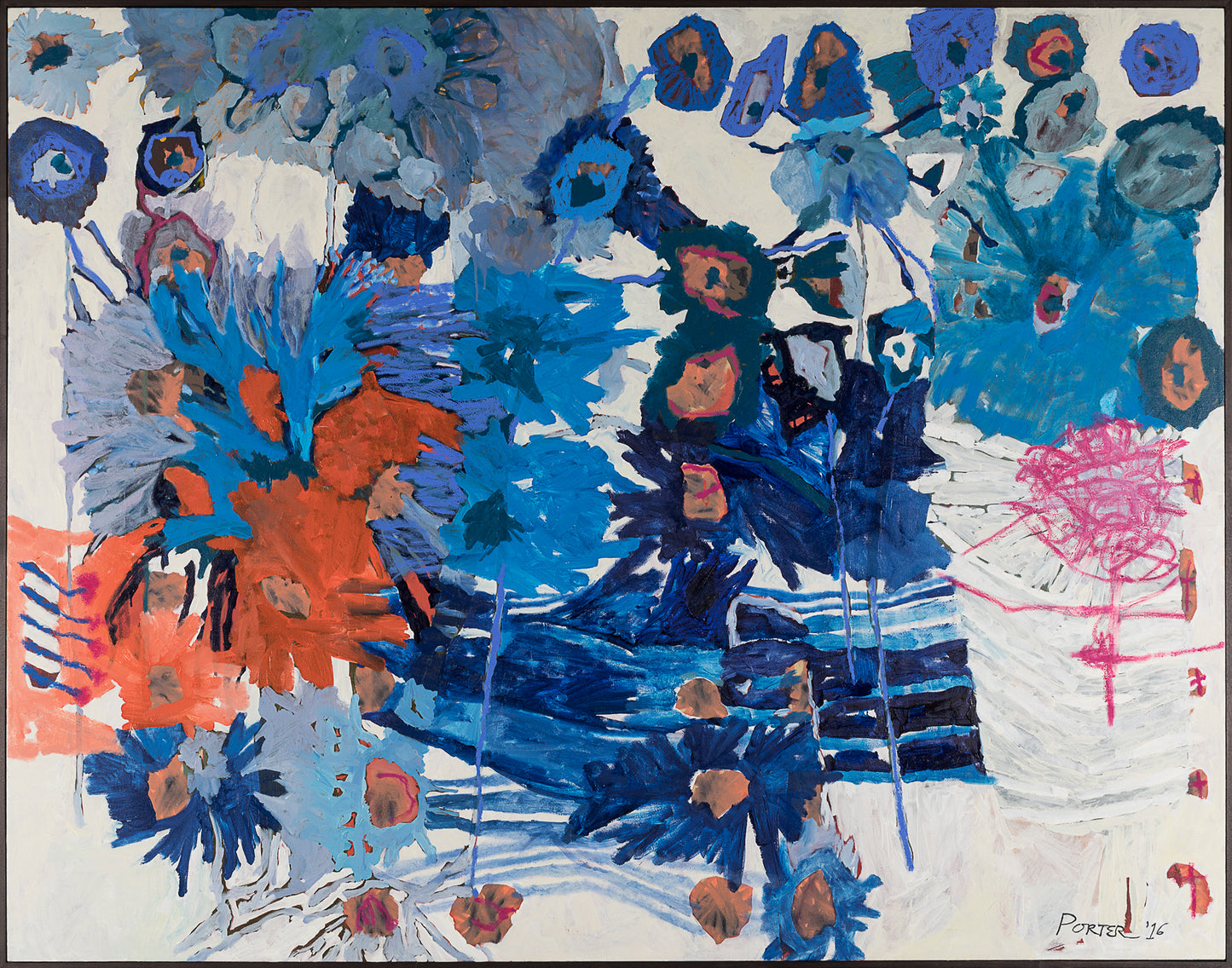 Abstract artwork with blue, orange, and pink colors on a white background