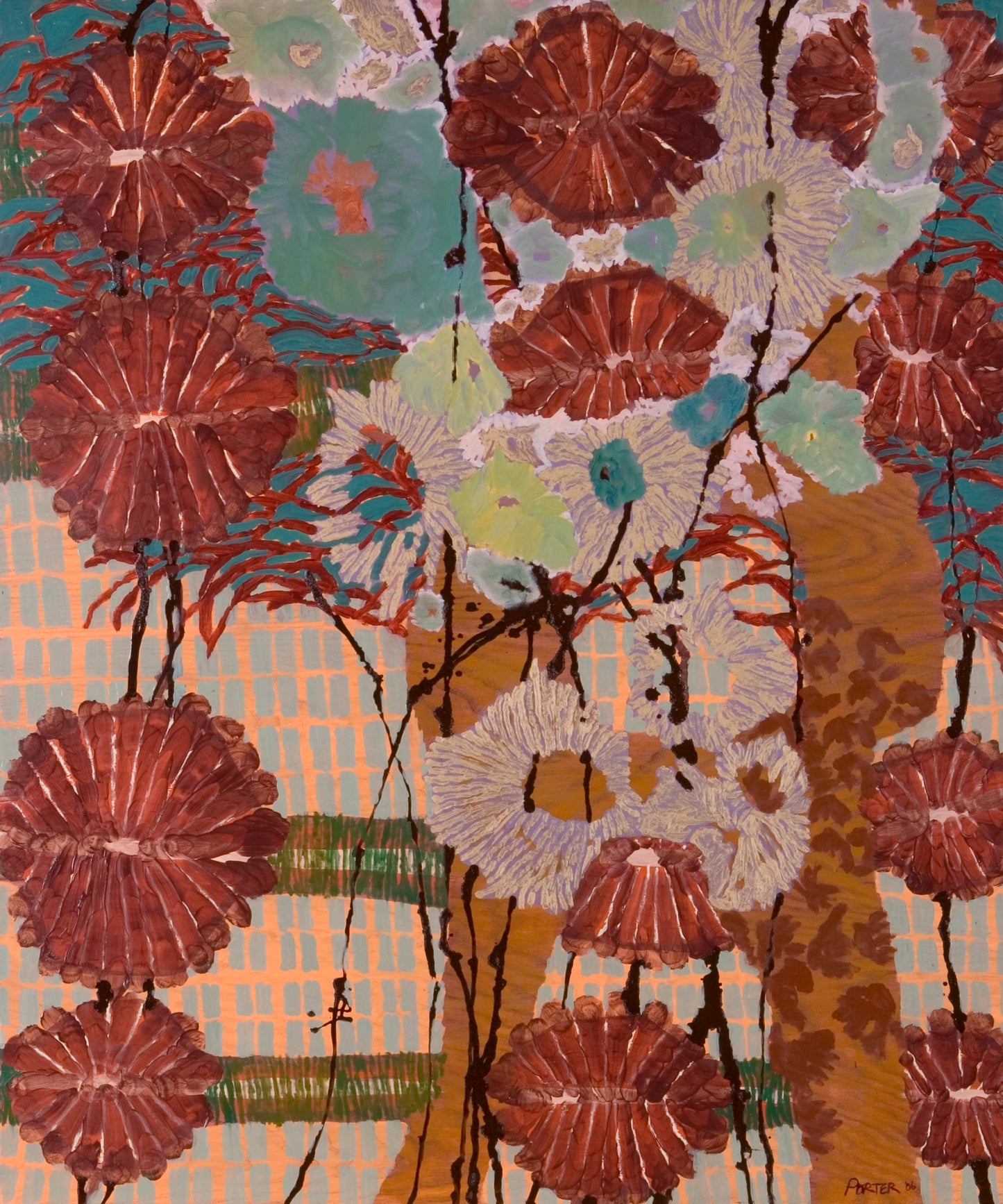 Abstract Colorful floral pattern with brown, green, and blue flowers on a textured background