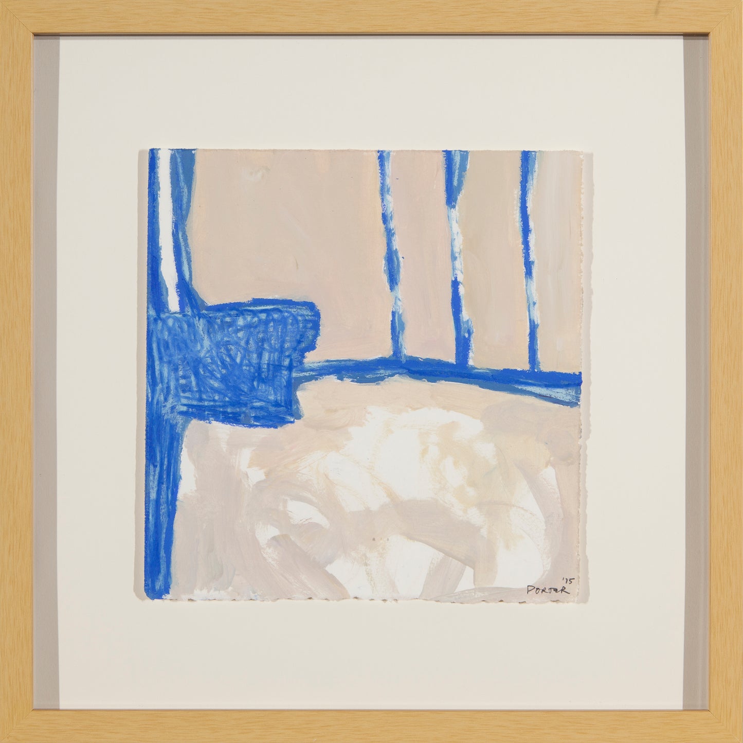 Abstract artwork with blue and beige colors in a wooden frame