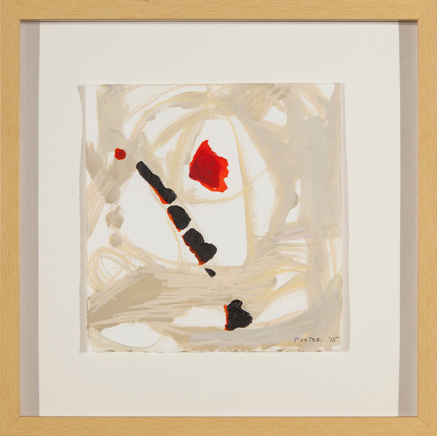 Abstract artwork with red, black, and white on a beige background framed on paper
