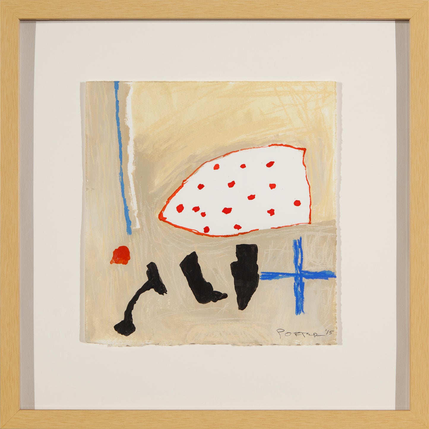 Abstract art painting with geometric shapes on a beige background, red blue polka dots on paper