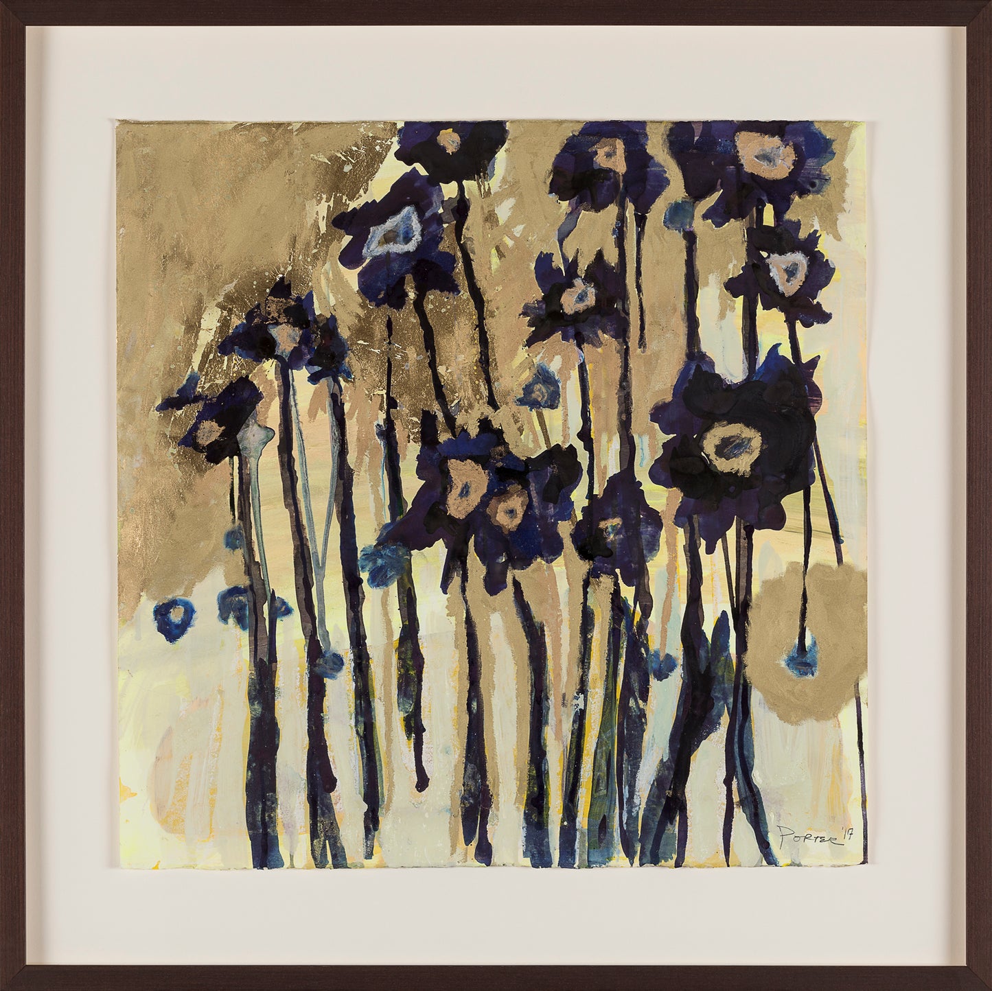 Abstract art with blue and black botanical floral shapes on beige paper mixed media