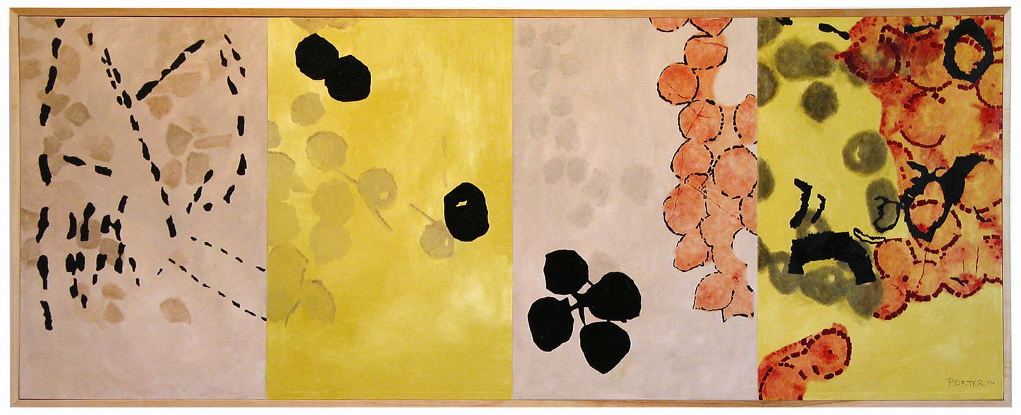 Abstract artwork with various floral and botanical shapes and colors