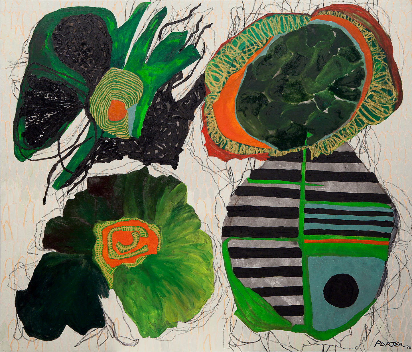 Abstract acrylic artwork with geometric shapes and vibrant colors on canvas