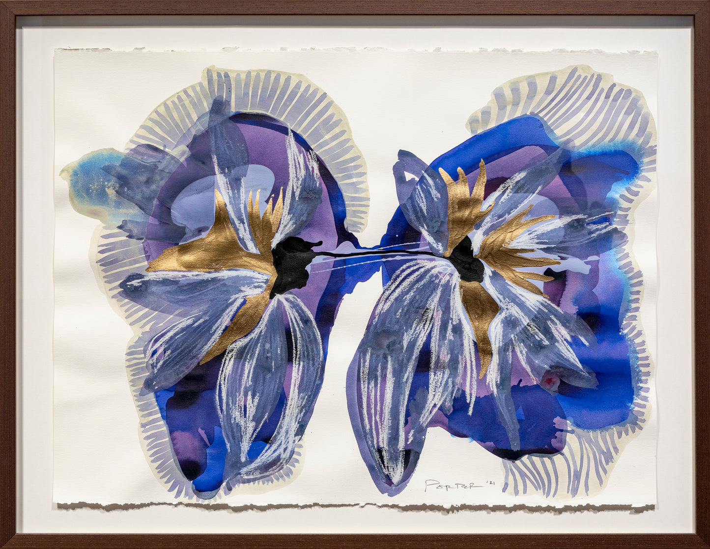 Artwork of two blue and gold botanical floral abstract mixed media on paper