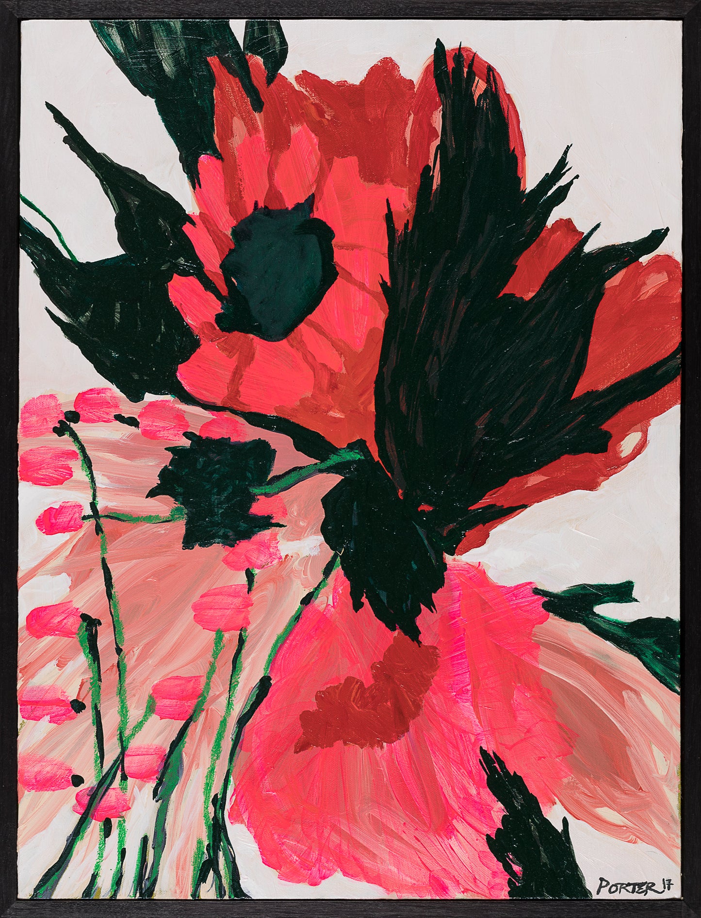 Artistic abstract depiction of pink and black flowers acrylic on canvas