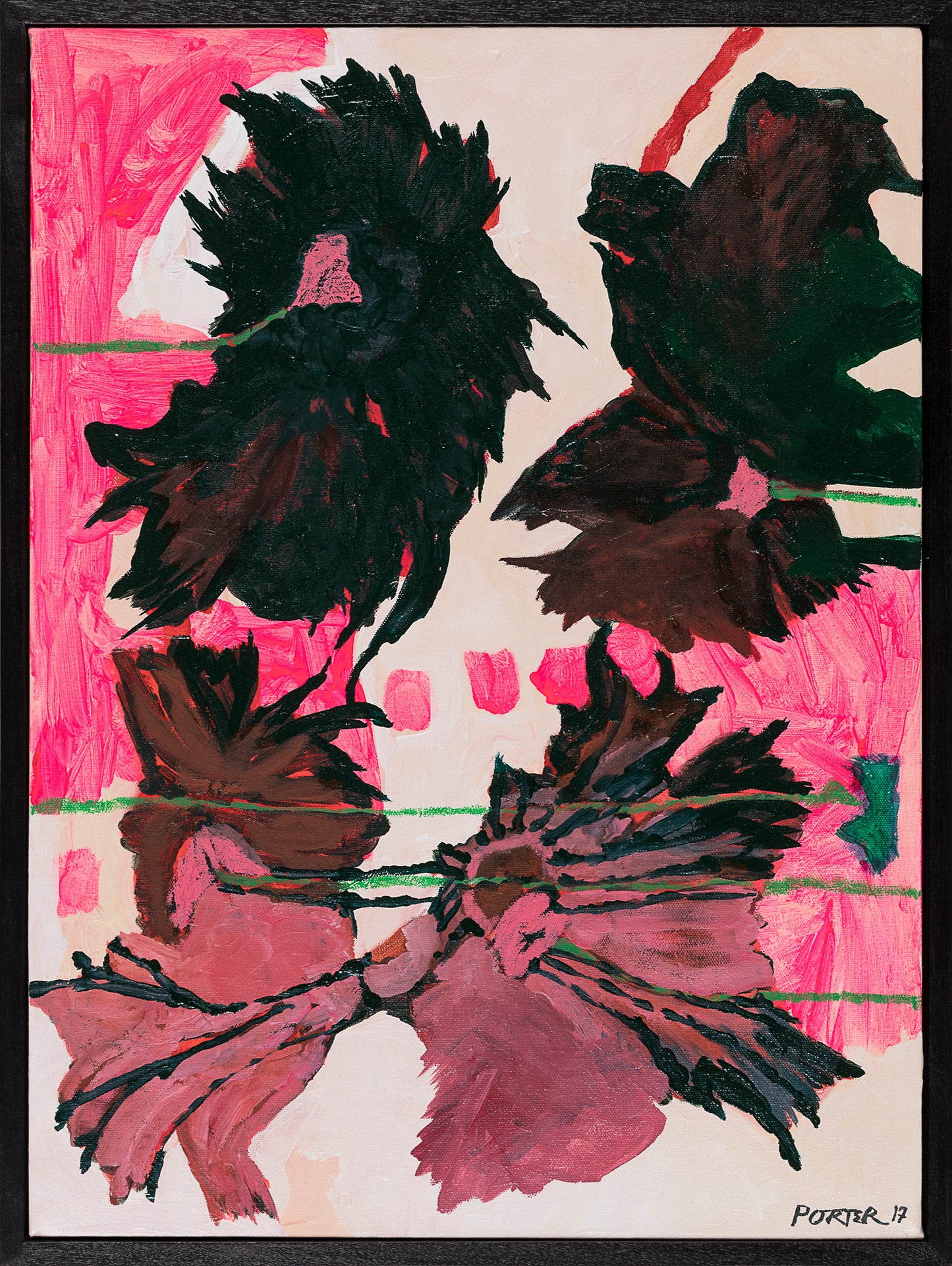 Abstract artwork with black and pink floral shapes acrylic on canvas