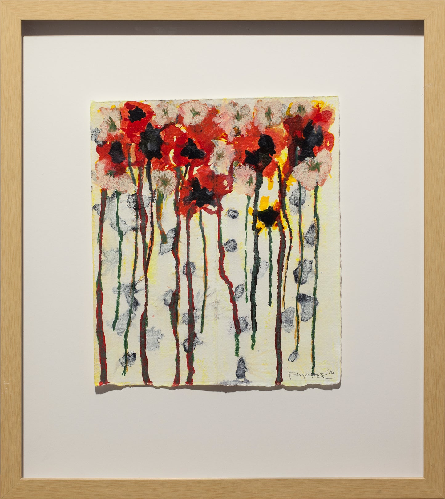 Framed abstract artwork with red, black, and gray flowers mixed media on paper