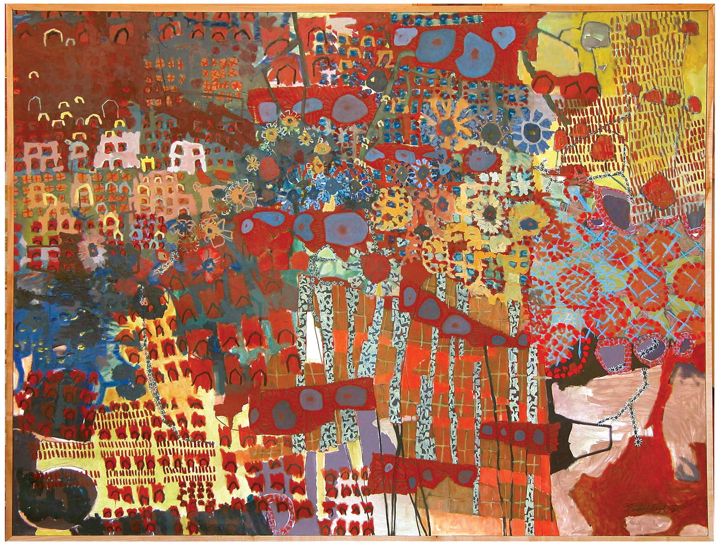 Colorful abstract artwork with various geometric shapes acrylic on canvas