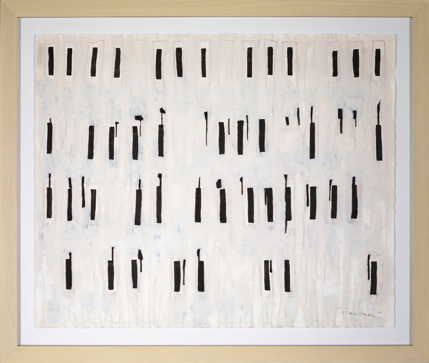 Abstract art piece with black vertical lines on a textured beige background