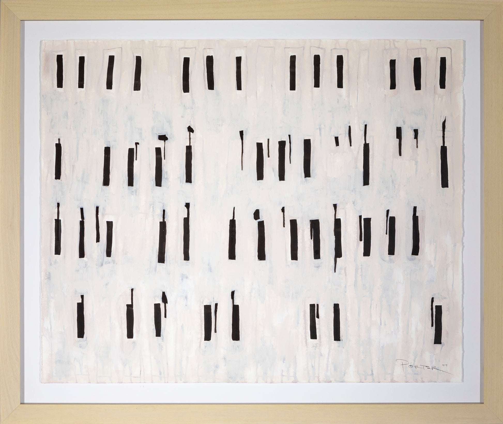Abstract art piece with black vertical lines on a textured beige background