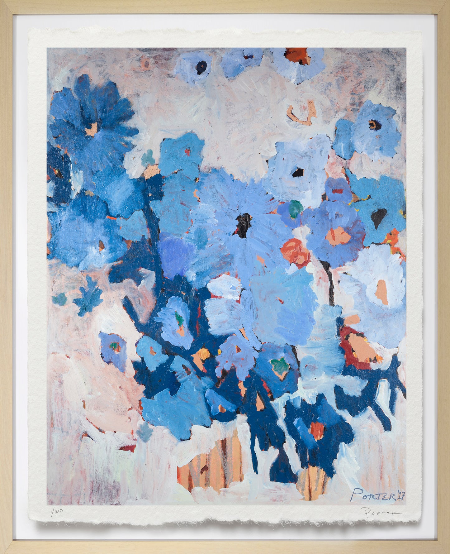 Framed artwork of blue floral abstract design
