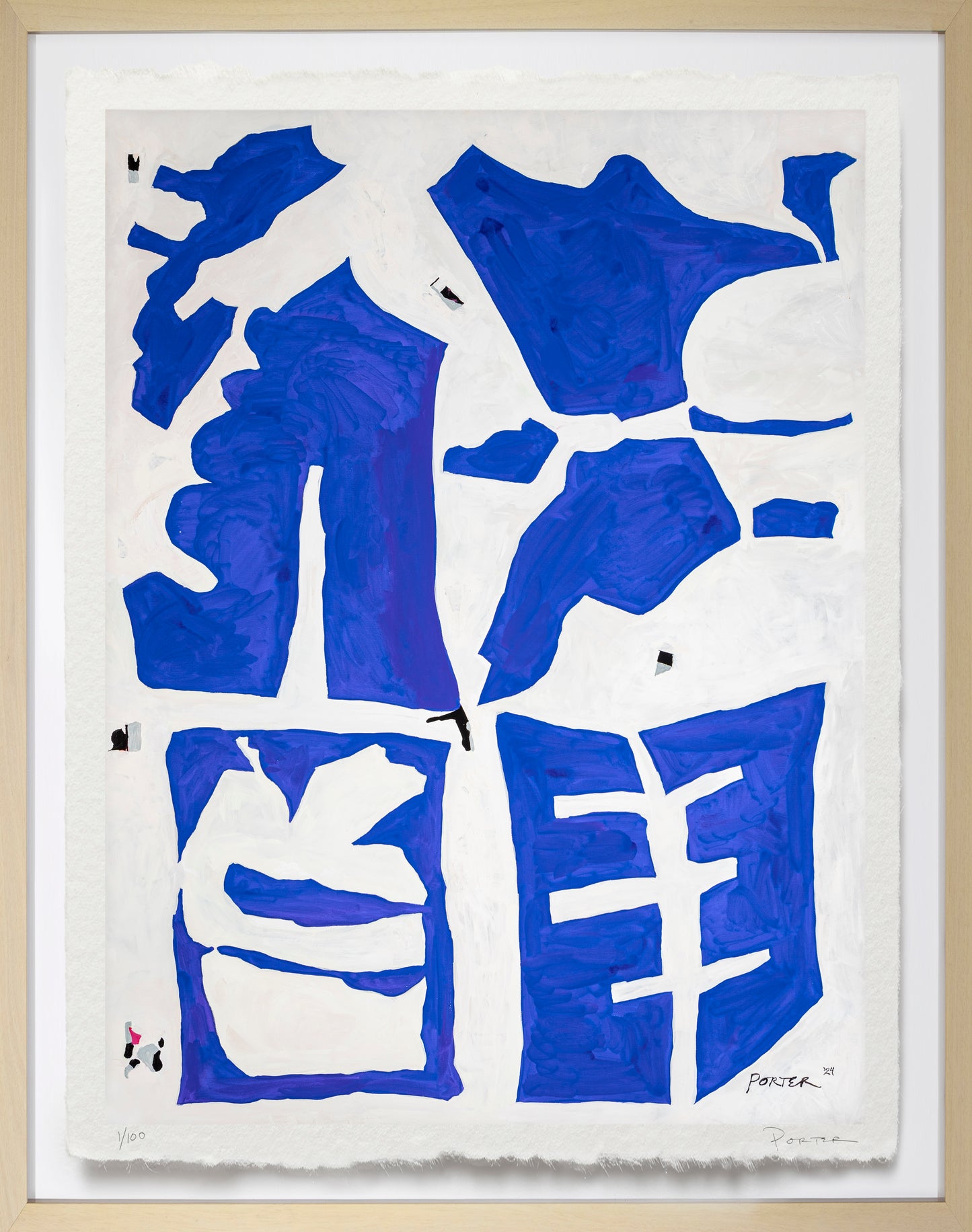 Abstract artwork with blue and black shapes on a white background