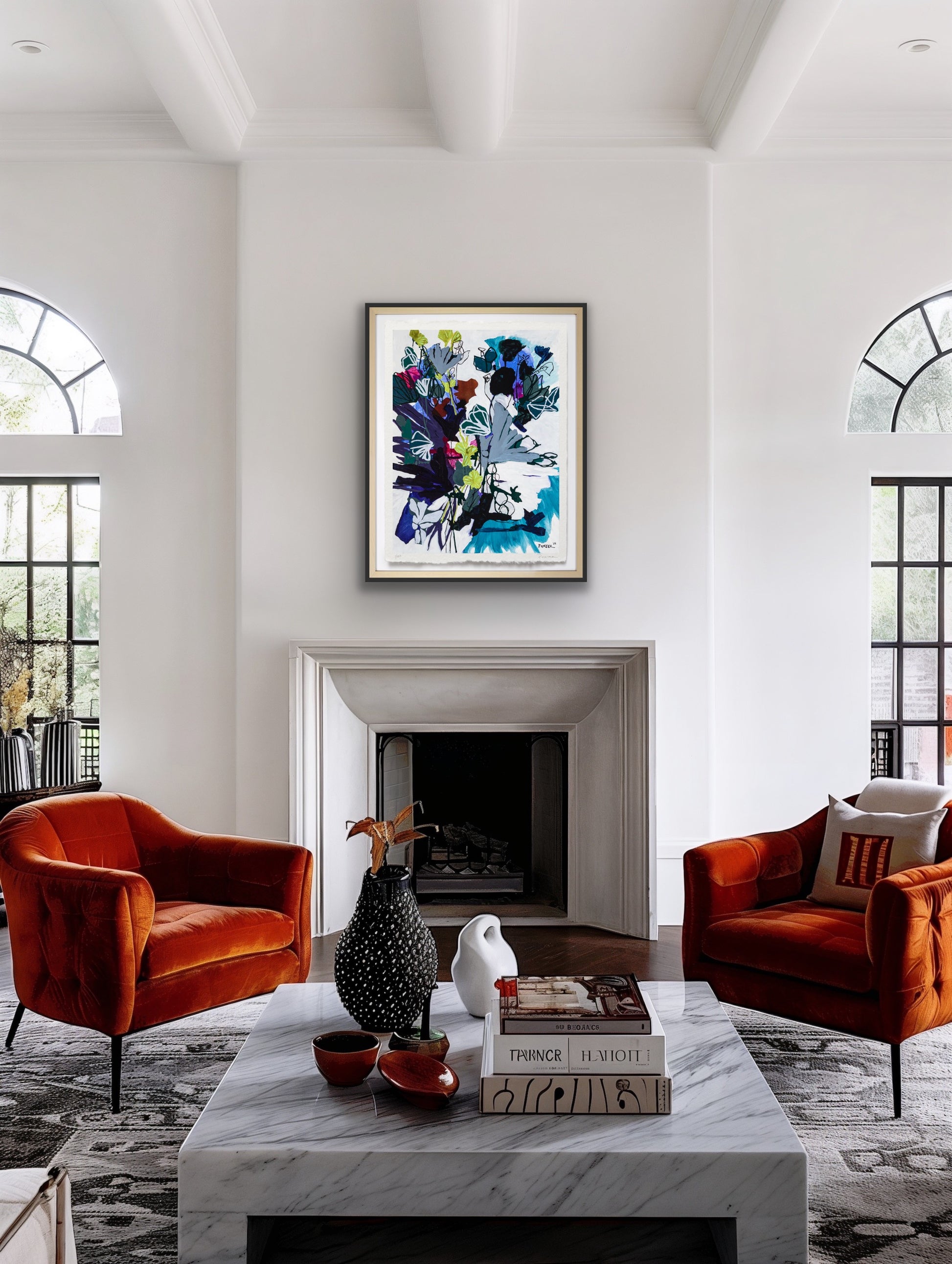 colorful abstract artwork with blue, grey, purple, green, black and pink botanical details in bright and modern living room 