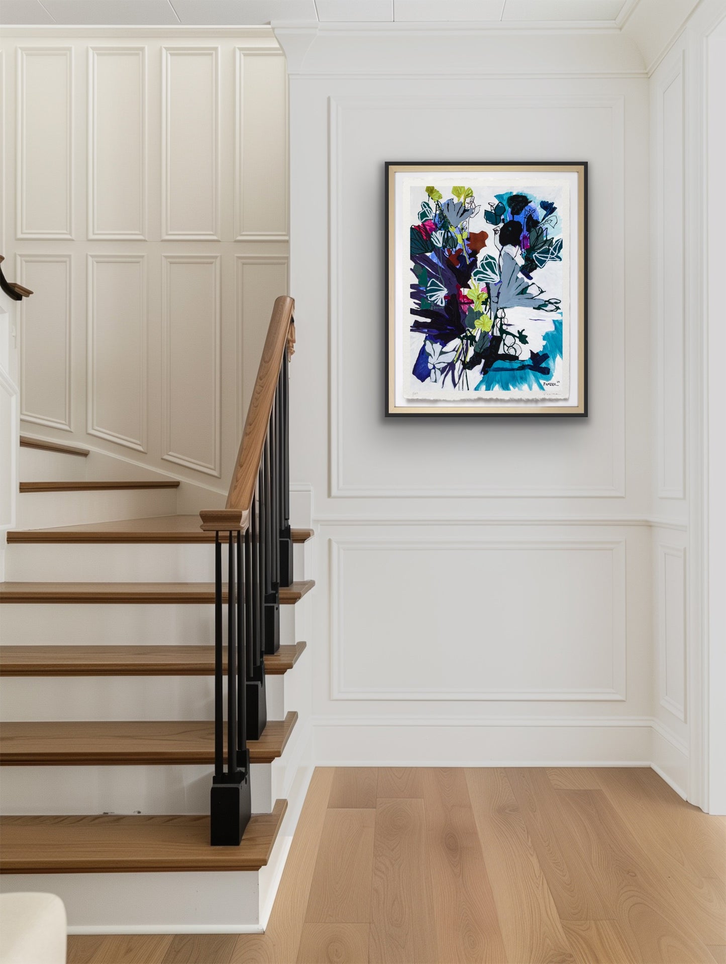 Modern staircase with a colorful abstract painting for decoration