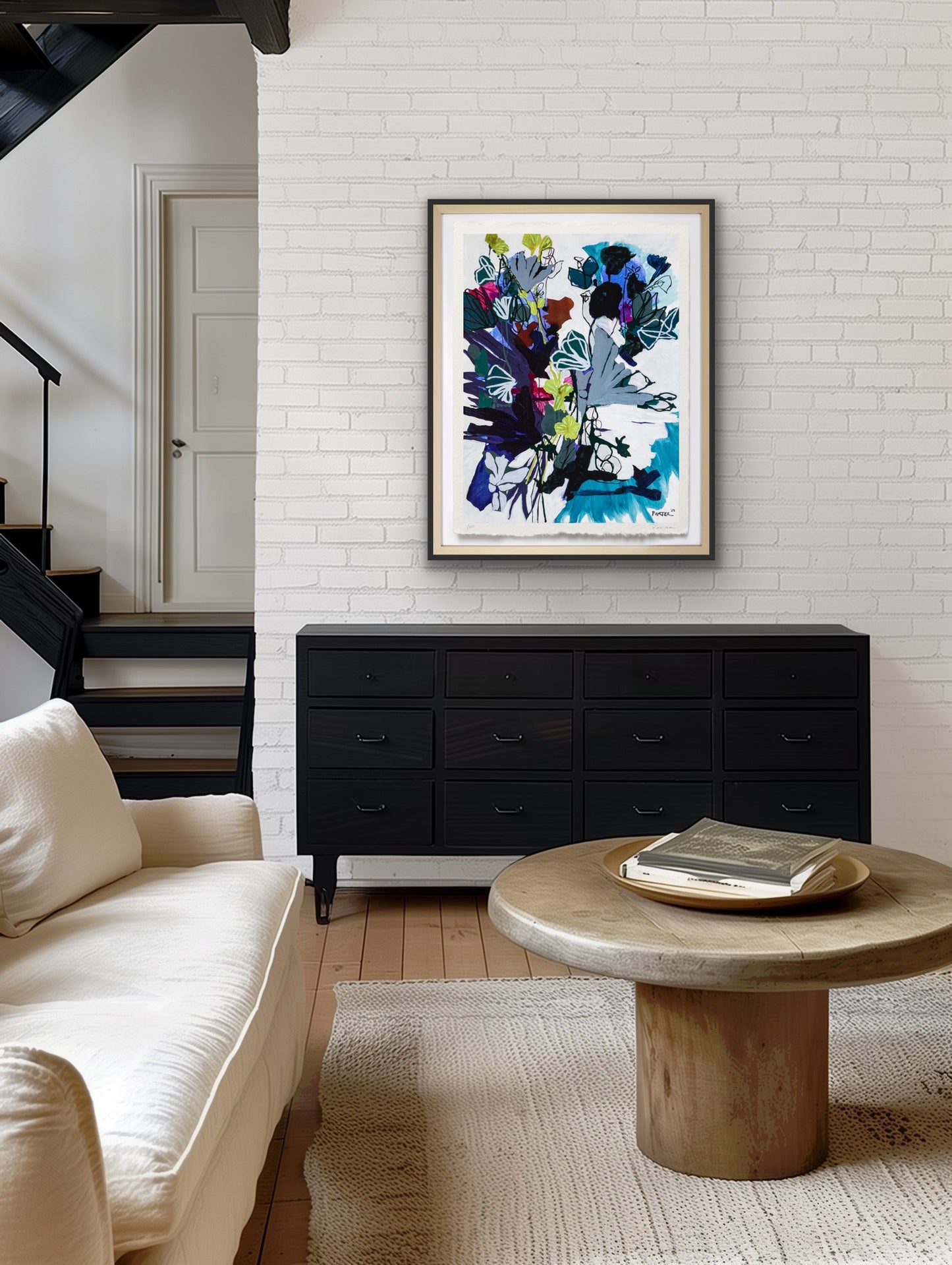 Colorful abstract botanical artwork hung for decoration for modern living room