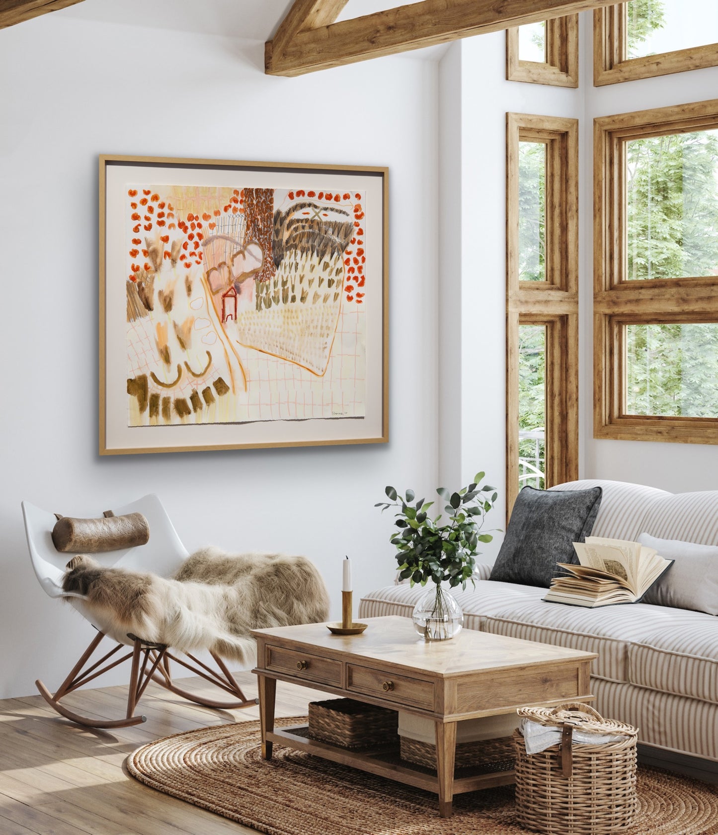 Abstract painting hanging in living room, signed by artist