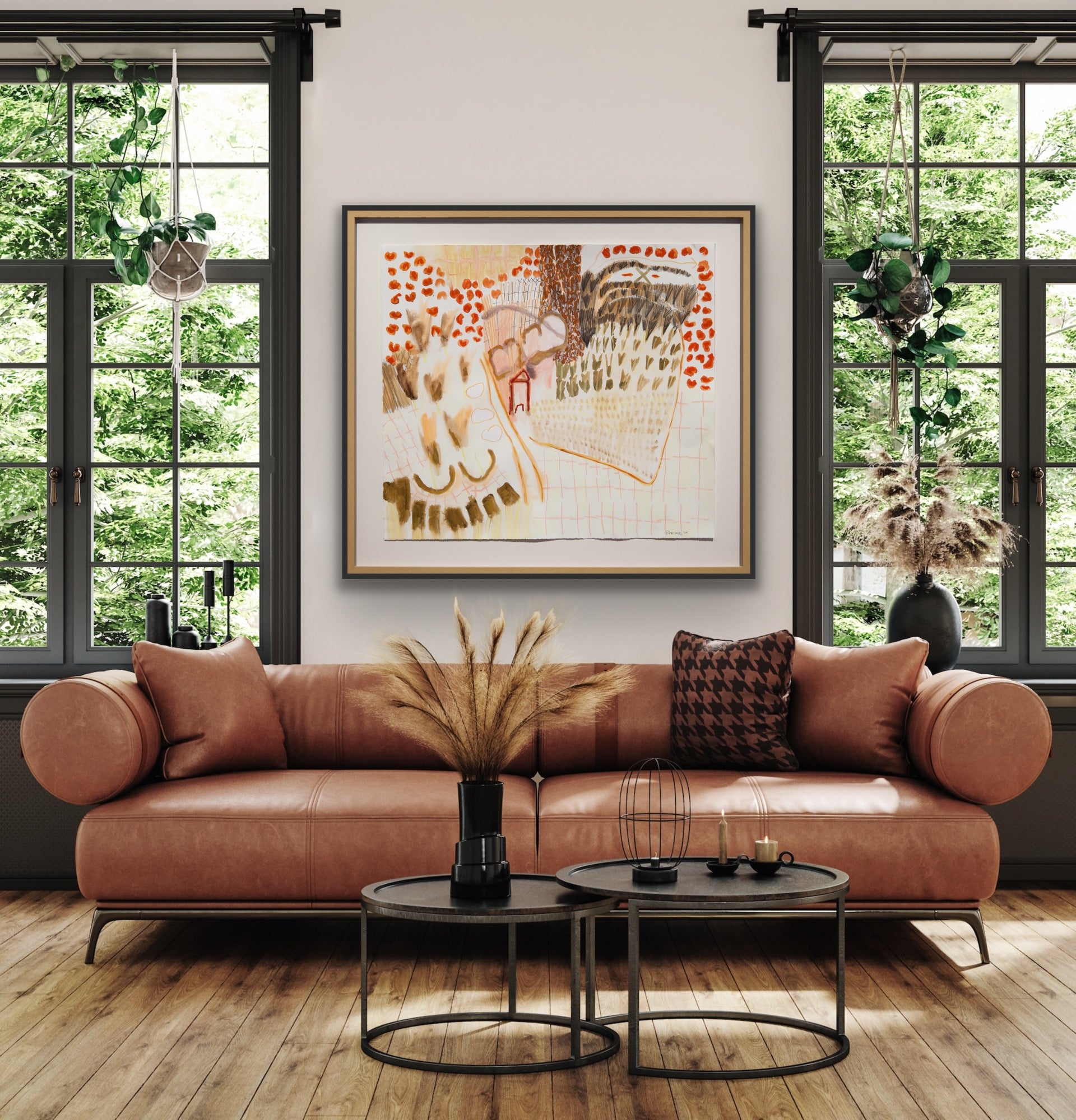 Abstract painting hanging in living room, signed by artist