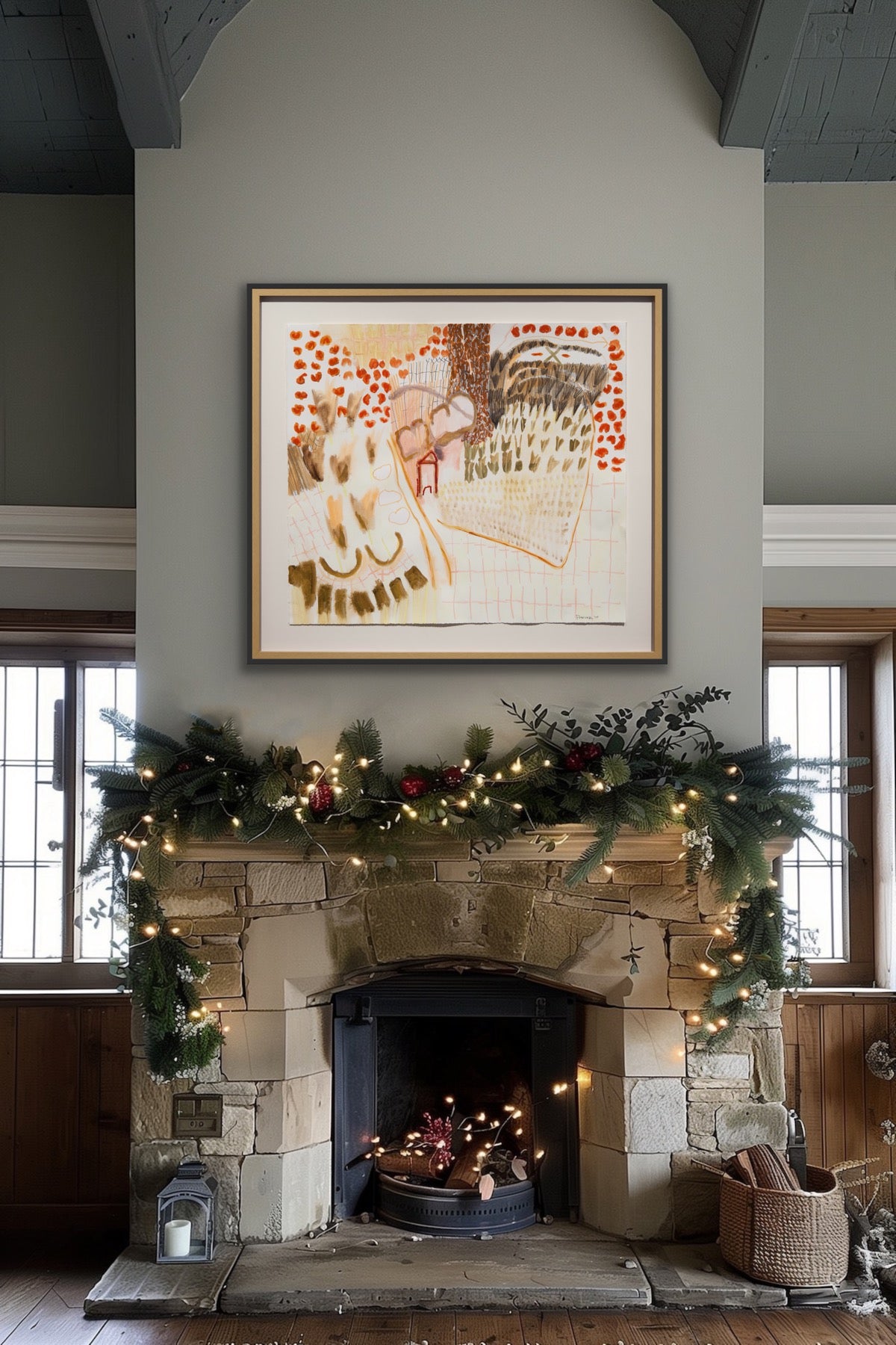 Abstract painting hanging in Christmas decorated living room, signed by artist