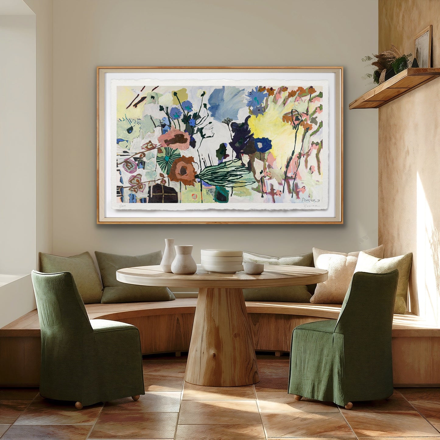 Modern living room with a round wooden table, green chairs, and a colorful abstract painting on the wall.
