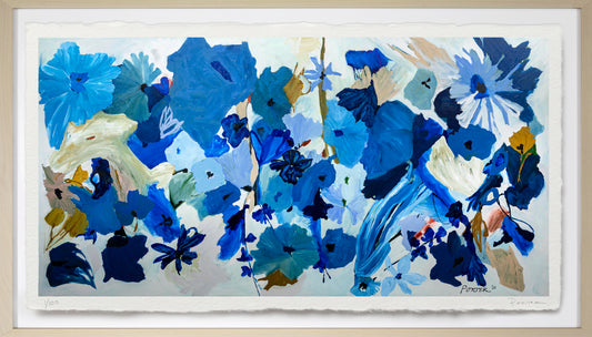 Abstract artwork with blue and white flowers in a frame