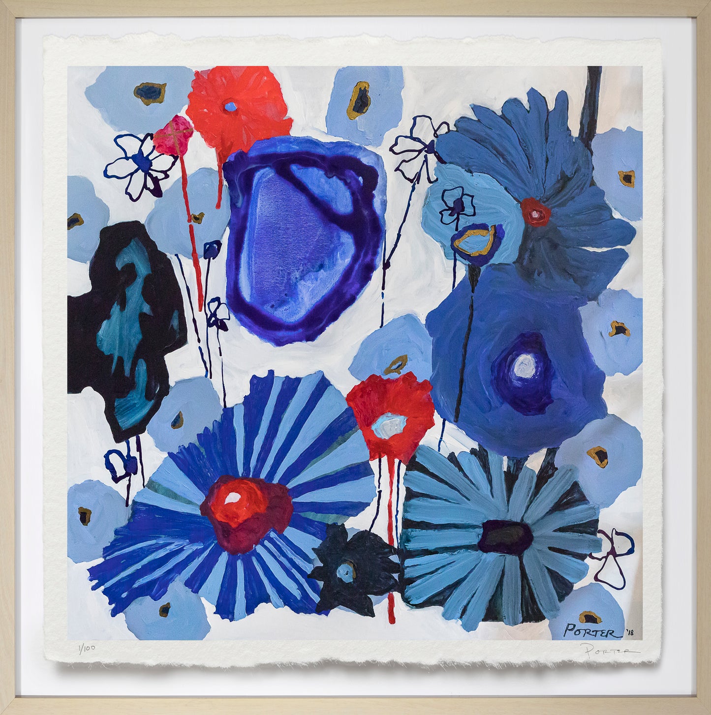 Abstract artwork with blue, red, and black flowers on a white background