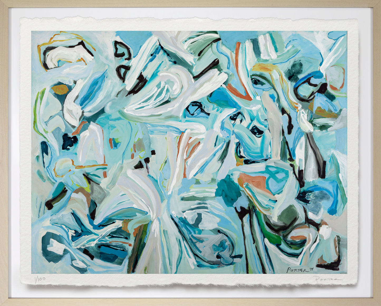 Abstract artwork with swirling patterns in white, blue, and other colors on a light background.