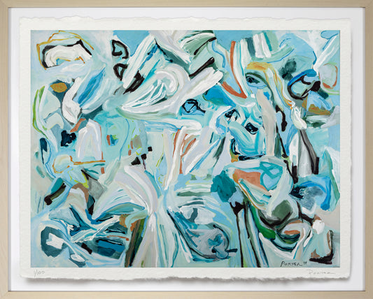 Abstract artwork with swirling patterns in white, blue, and other colors on a light background.