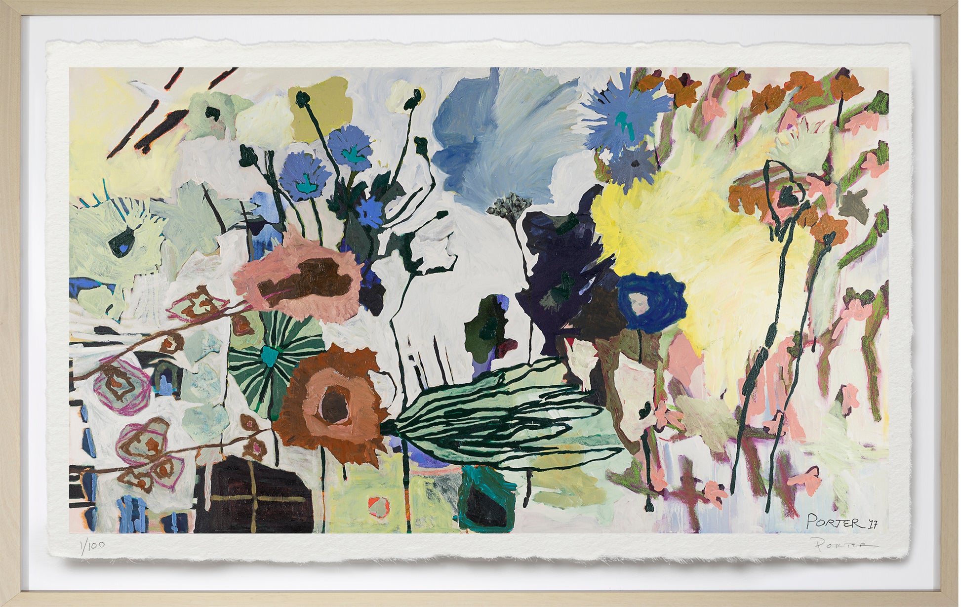 Abstract artwork with flowers and abstract shapes in a white frame