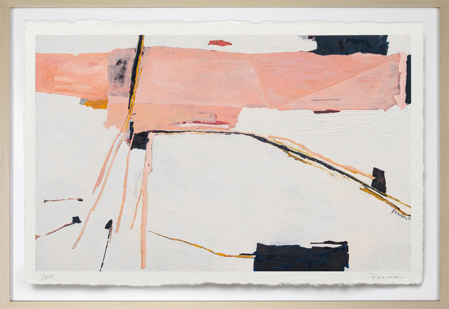 Abstract art piece with pink, black, and gold elements on a white background