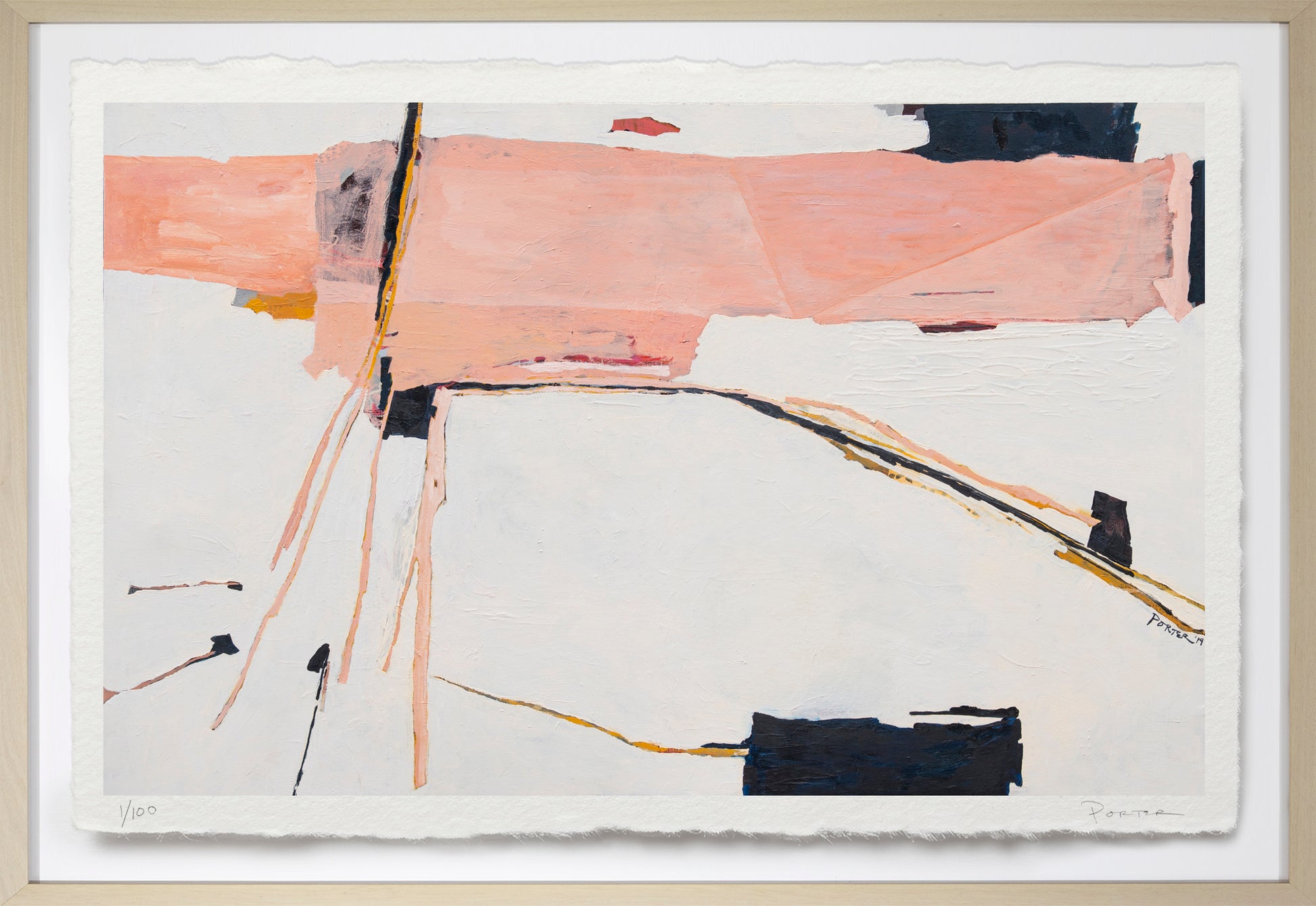 Abstract art piece with pink, black, and gold elements on a white background