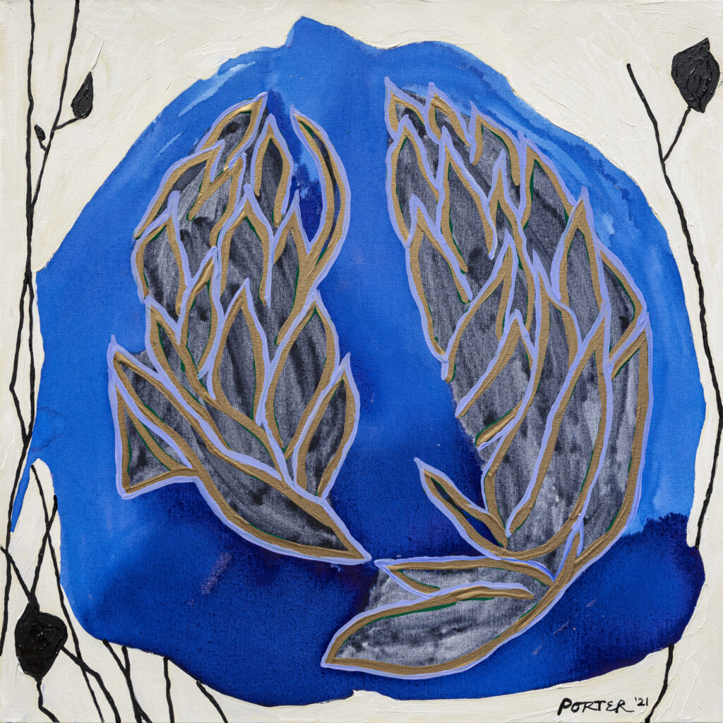Abstract flora blue gray and white acrylic paint on canvas