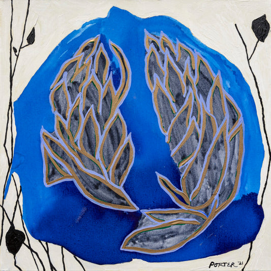 Abstract flora blue gray and white acrylic paint on canvas