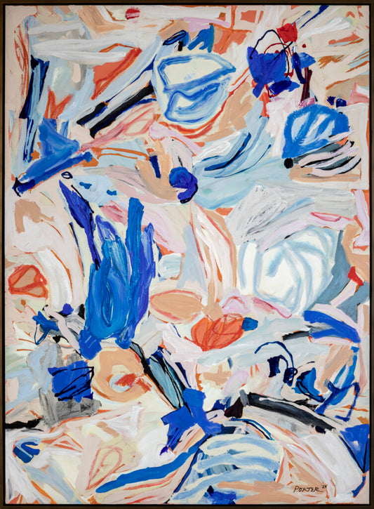 Abstract colorful blue orange black and white acrylic painting on canvas