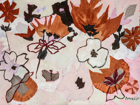 Colorful pink orange floral abstract artwork made with acrylic oil and ink 18" x 24" on canvas