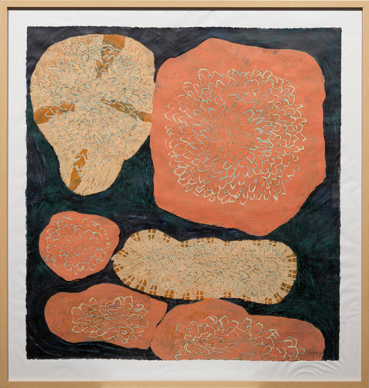 Abstract artwork with geometric shapes in earth tones on a dark background