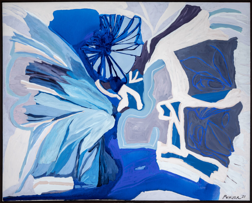 Abstract artwork with blue and white shapes on a light gray background
