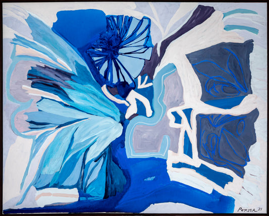 Abstract artwork with blue and white shapes on a light gray background