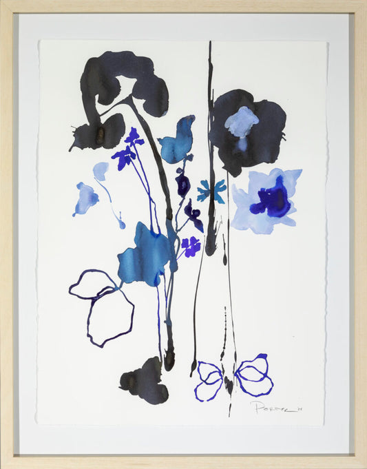 Blue black and white abstract floral ink art on paper