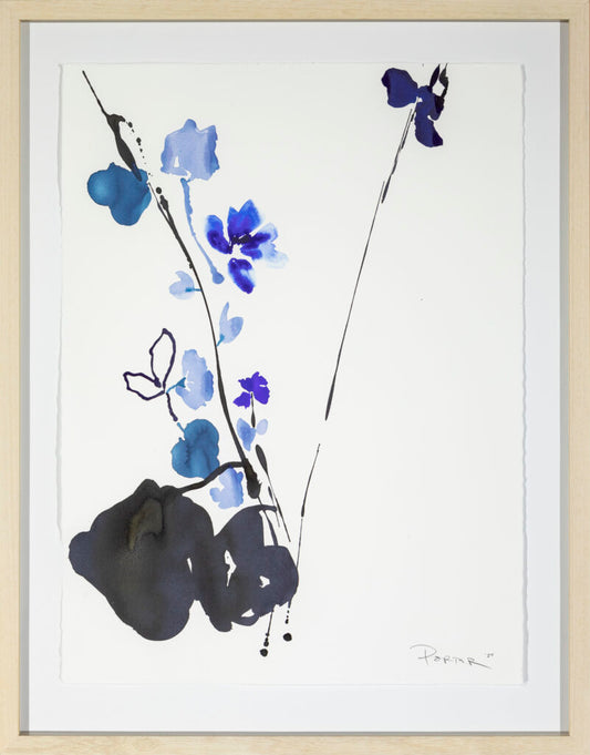 Blue black and white abstract floral ink art on paper