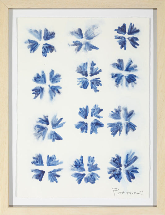 Abstract ink blue floral stars on paper