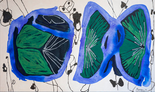 Abstract artwork with blue and green botanical floral shapes on canvas