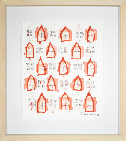 Ink abstract artwork on cotton paper, pink and red house art